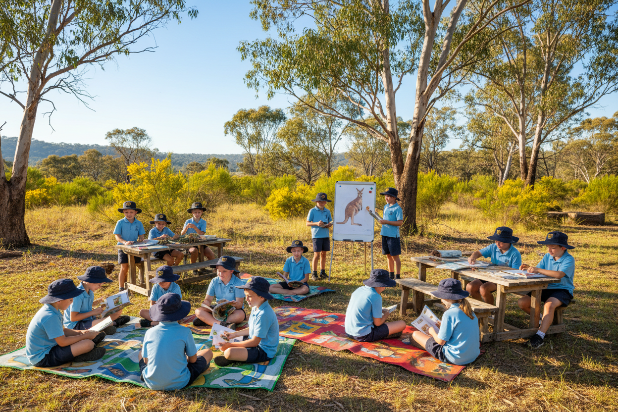 children in school uniform learning outside in australia