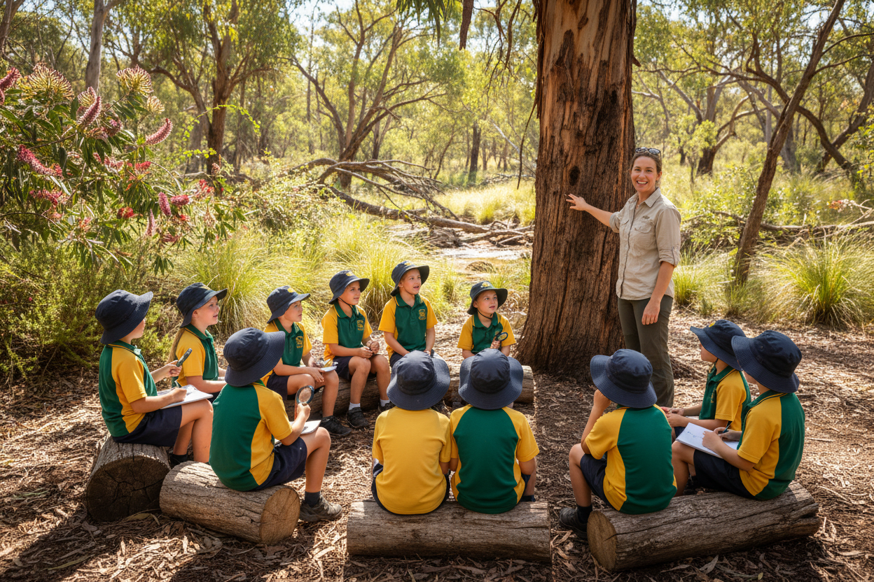 children in school uniform learning outside in australian bush classroom with teacher