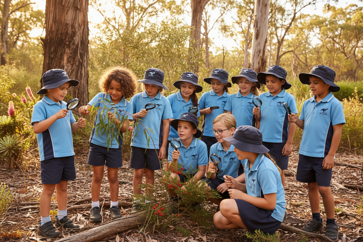 children in school uniform learning outside in australian bush with magnifying glasses